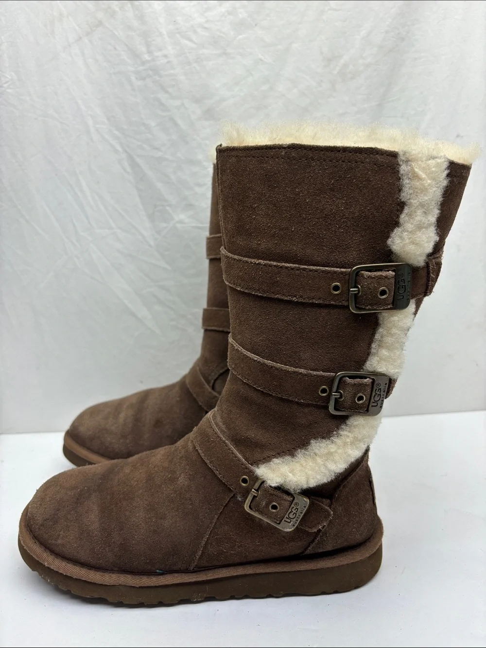 UGG Brown Suede Shearling-Lined Mid-Calf Buckle Boots, SZ 4 big girl, box 60
